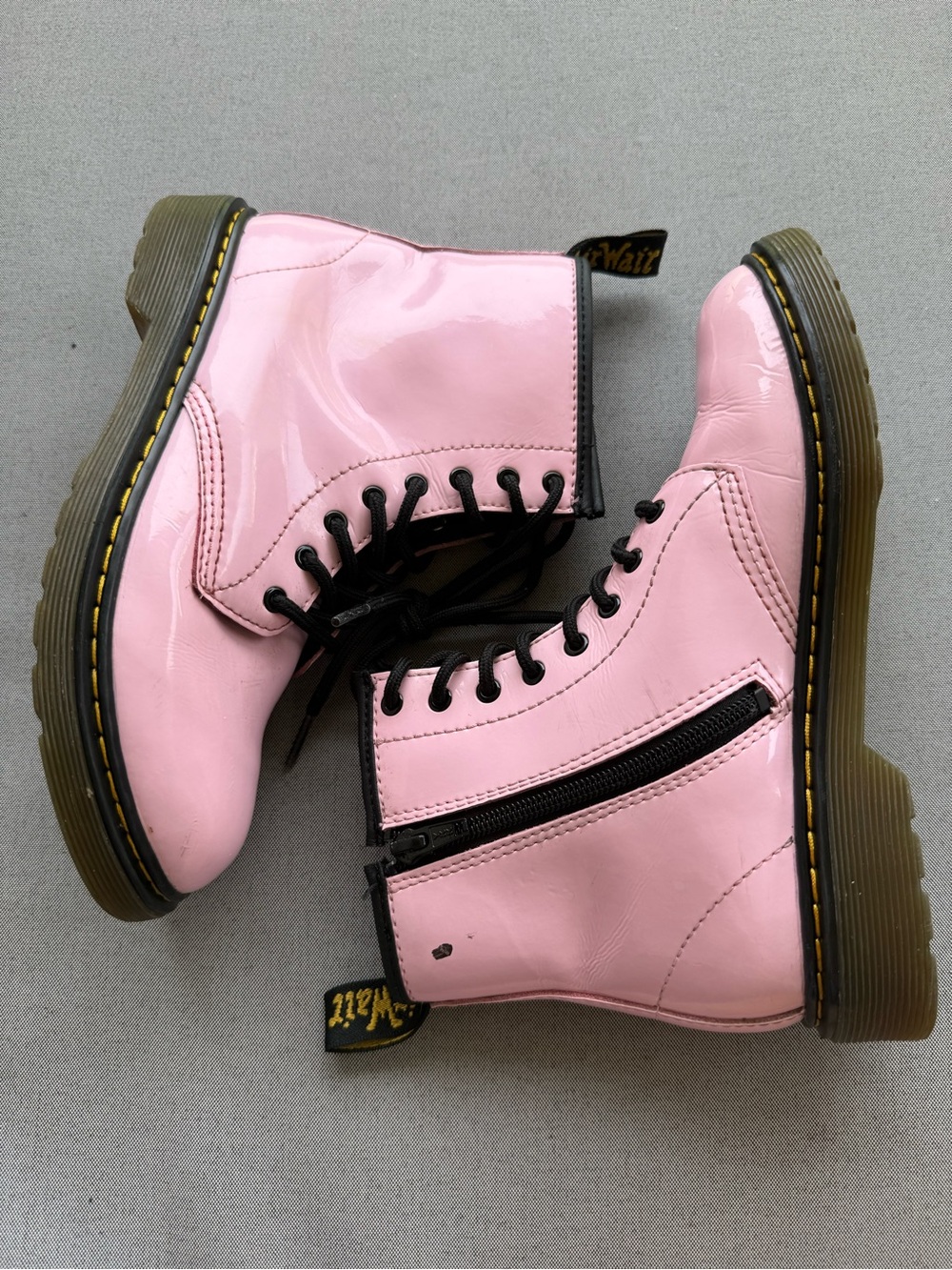 Dr. Martens Pink Patent Lace-Up Combat Boots SZ 5 with Side Zip logo